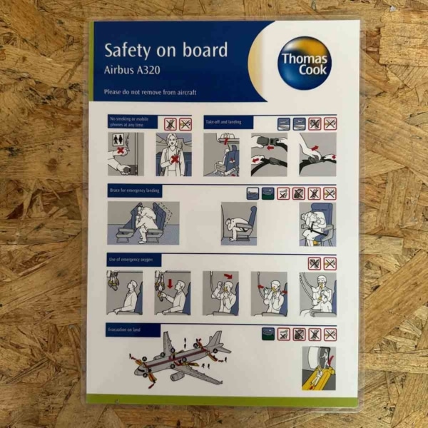 Passenger safety card from an aircraft for sale.
