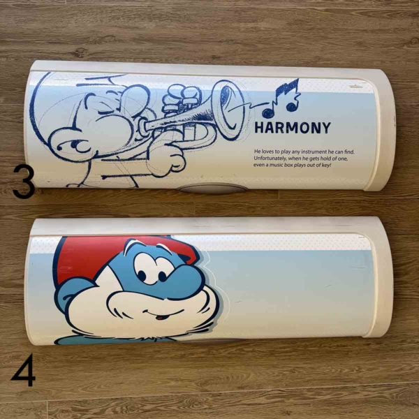Brussels Airlines Airbus A320 OO-SND Aerosmurf luggage bin doors with Smurfs figures for sale.